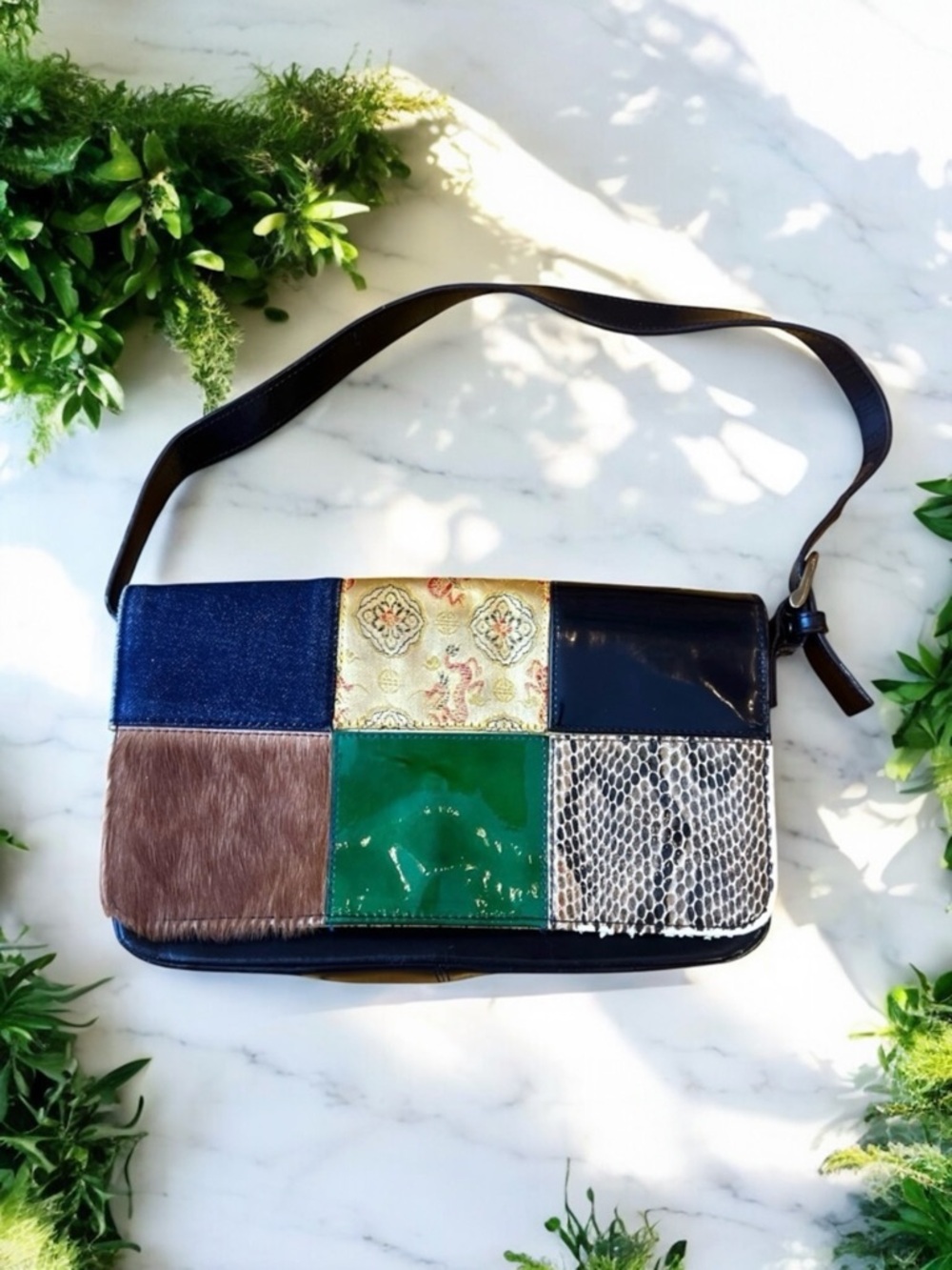 Vintage HYPE Patchwork Leather Shoulder Bag Calf Hair Denim Y2K 90s